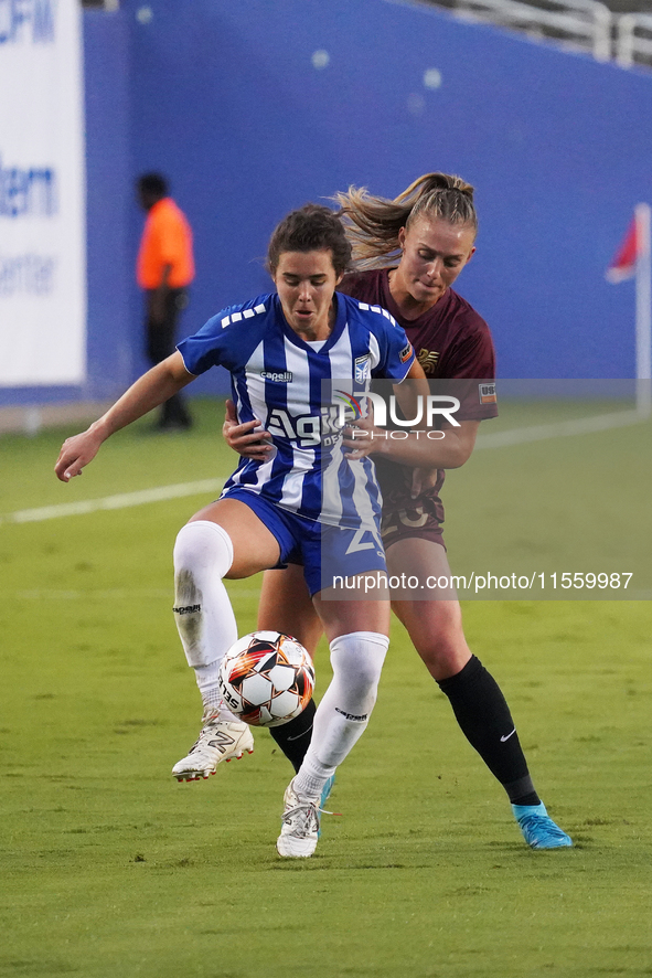 Madison Murnin #20 and Allie Thornton #20 of Dallas Trinity FC battle for the ball during the USL Super League match between Dallas Trinity...