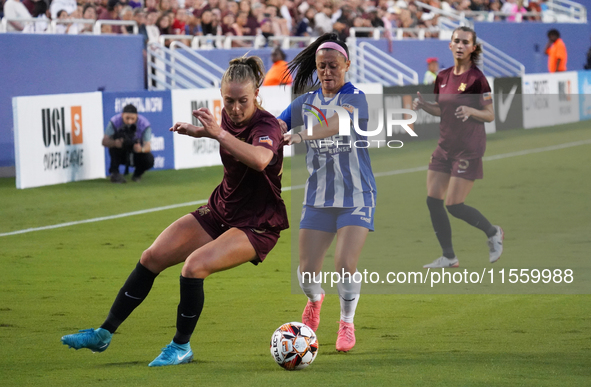 Allie Thornton #20 of Dallas Trinity FC drives the ball forward against Katrina Guillou #21 during the USL Super League match between Dallas...