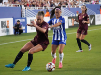 Allie Thornton #20 of Dallas Trinity FC drives the ball forward against Katrina Guillou #21 during the USL Super League match between Dallas...