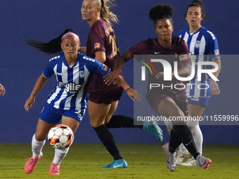 Katrina Guillou #21 of DC Power FC drives the ball forward against Enzi Broussard #7 of Dallas Trinity FC during the USL Super League match...