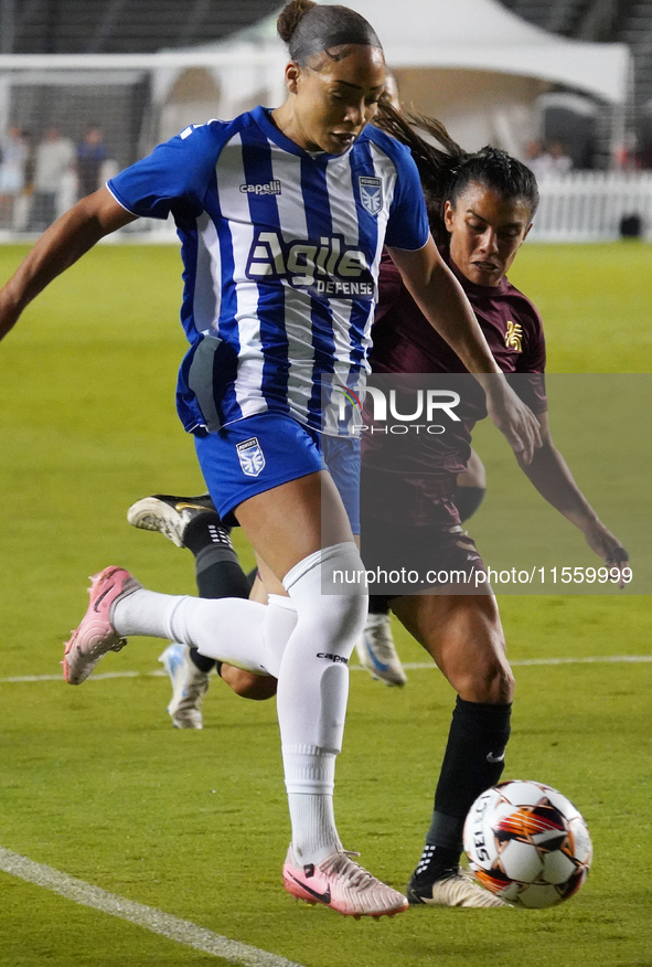 Jorian Baucom #5 drives the ball forward during the USL Super League match between Dallas Trinity FC and DC Power FC at the Cotton Bowl in D...