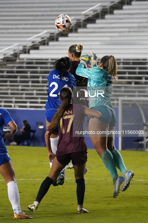 Goalkeeper Samantha Estrada #0 of Dallas Trinity FC punches the ball during the USL Super League match between Dallas Trinity FC and DC Powe...