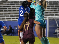 Goalkeeper Samantha Estrada #0 of Dallas Trinity FC punches the ball during the USL Super League match between Dallas Trinity FC and DC Powe...