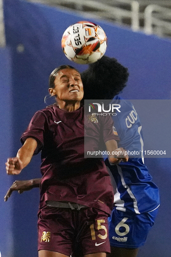 Samantha Meza #15 of Dallas Trinity FC battles for the header during the USL Super League match between Dallas Trinity FC and DC Power FC at...