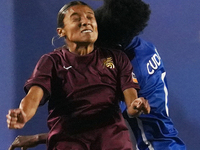 Samantha Meza #15 of Dallas Trinity FC battles for the header during the USL Super League match between Dallas Trinity FC and DC Power FC at...