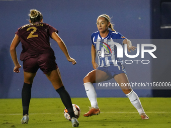 Charlie Estcourt #17 of DC Power FC drives the ball forward against Hannah Davison #2 of Dallas Trinity FC during the USL Super League match...