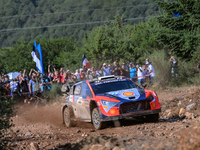 Driver Ott Tanak and co-driver Martin Jarveoja of the Hyundai Shell Mobis World Rally Team, in a Hyundai i20 N Rally1 Hybrid, face the third...