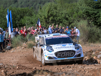 Driver Jourdan Serderidis and co-driver Frederic Miclotte of the M-Sport Ford WRT, Ford Puma Rally1 Hybrid, face the third day of the race d...