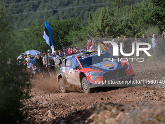 Driver Thierry Neuville and co-driver Martijn Wydaeghe of the team Hyundai Shell Mobis World Rally Team, in a Hyundai i20 N Rally1 Hybrid, f...