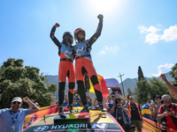 Driver Thierry Neuville and co-driver Martijn Wydaeghe of the team Hyundai Shell Mobis World Rally Team, Hyundai i20 N Rally1 Hybrid, celebr...