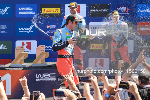 Driver Thierry Neuville and co-driver Martijn Wydaeghe of the team Hyundai Shell Mobis World Rally Team, Hyundai i20 N Rally1 Hybrid, celebr...