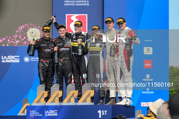 Robert Virves and co-driver Aleks Lesk, Sami Pajari and co-driver Enni Malkonen, and Yohan Rossel and co-driver Arnaud Dunand celebrate the...