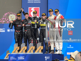 Robert Virves and co-driver Aleks Lesk, Sami Pajari and co-driver Enni Malkonen, and Yohan Rossel and co-driver Arnaud Dunand celebrate the...