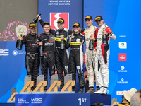 Robert Virves and co-driver Aleks Lesk, Sami Pajari and co-driver Enni Malkonen, and Yohan Rossel and co-driver Arnaud Dunand celebrate the...