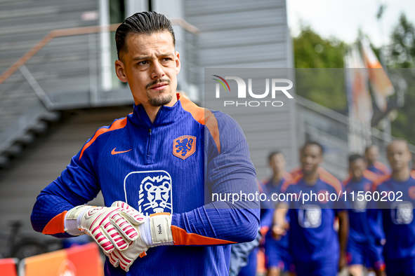 Netherlands goalkeeper Nick Olij participates in the training and press conference for the Netherlands Nations League season 2024-2025 at th...