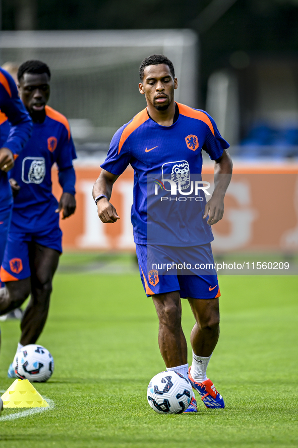 Netherlands player Jurrien Timber participates in the match training and press conference at the KNVB Campus for the Netherlands Nations Lea...