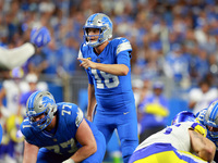 DETROIT,MICHIGAN-SEPTEMBER 8:  quarterback Jared Goff (16) of the Detroit Lions calls a play during a game between the Detroit Lions and the...