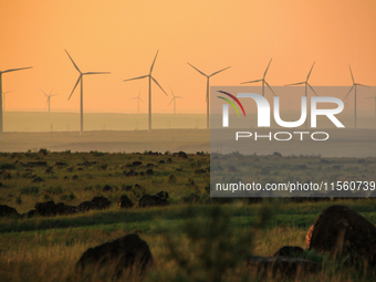 Wind power generation facilities on Zhangbei Bashang Grassland in Zhangjiakou, China, on June 28, 2013. (