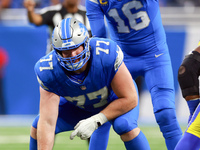 DETROIT,MICHIGAN-SEPTEMBER 8:  Quarterback Jared Goff (16) of the Detroit Lions calls a play while center Frank Ragnow (77) of the Detroit L...