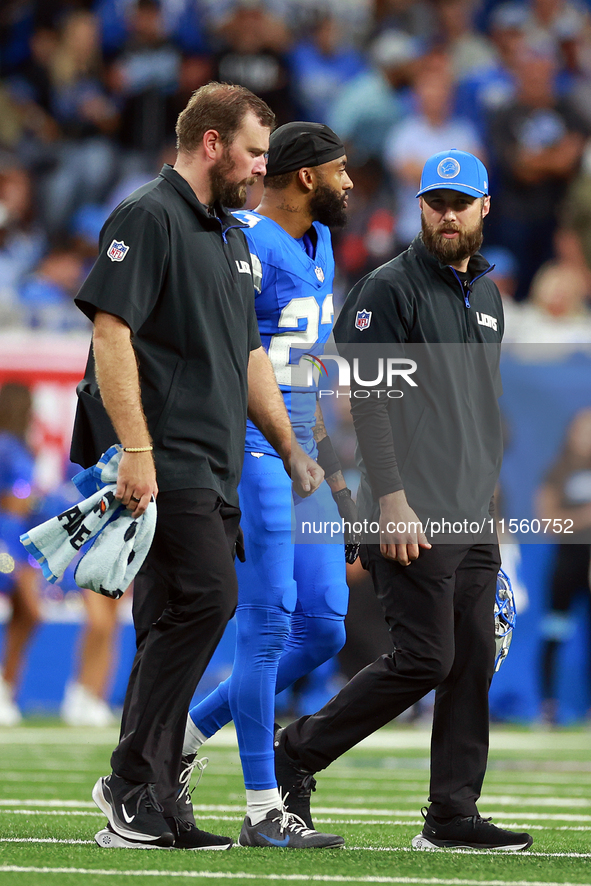 DETROIT,MICHIGAN-SEPTEMBER 8: Cornerback Carlton Davis III (23) of the Detroit Lions walks off the field after being checked for injury duri...