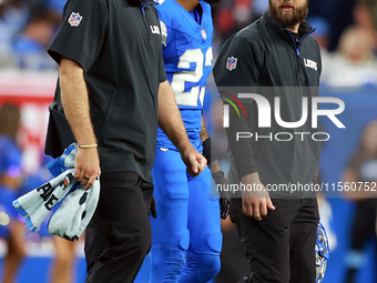 DETROIT,MICHIGAN-SEPTEMBER 8: Cornerback Carlton Davis III (23) of the Detroit Lions walks off the field after being checked for injury duri...