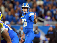 DETROIT,MICHIGAN-SEPTEMBER 8:  Quarterback Jared Goff (16) of the Detroit Lions calls a play during a game between the Detroit Lions and the...