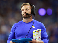 DETROIT,MICHIGAN-SEPTEMBER 8:  Los Angeles Rams head coach Sean McVay reacts after a play during a game between the Detroit Lions and the Lo...