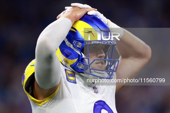 DETROIT,MICHIGAN-SEPTEMBER 8:  Quarterback Matthew Stafford (9) of the Los Angeles Rams reacts after a play during a game between the Detroi...