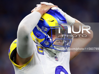 DETROIT,MICHIGAN-SEPTEMBER 8:  Quarterback Matthew Stafford (9) of the Los Angeles Rams reacts after a play during a game between the Detroi...