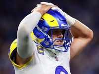 DETROIT,MICHIGAN-SEPTEMBER 8:  Quarterback Matthew Stafford (9) of the Los Angeles Rams reacts after a play during a game between the Detroi...