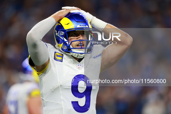 DETROIT,MICHIGAN-SEPTEMBER 8:  Quarterback Matthew Stafford (9) of the Los Angeles Rams reacts after a play during a game between the Detroi...