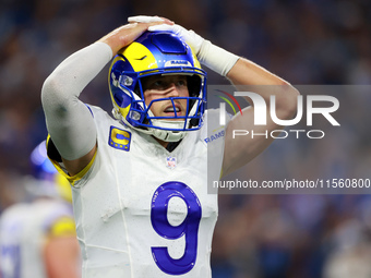 DETROIT,MICHIGAN-SEPTEMBER 8:  Quarterback Matthew Stafford (9) of the Los Angeles Rams reacts after a play during a game between the Detroi...