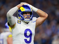 DETROIT,MICHIGAN-SEPTEMBER 8:  Quarterback Matthew Stafford (9) of the Los Angeles Rams reacts after a play during a game between the Detroi...