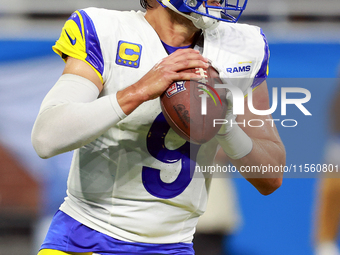 DETROIT,MICHIGAN-SEPTEMBER 8:  Quarterback Matthew Stafford (9) of the Los Angeles Rams looks to pass the ball during a game between the Det...