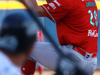 Tomohiro Anraku #20 of Diablos Rojos pitches the ball during the Resumption of the 2024 King Series match 3 against Sultanes de Monterrey of...