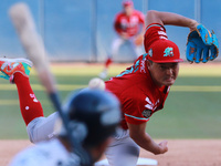 Tomohiro Anraku #20 of Diablos Rojos pitches the ball during the Resumption of the 2024 King Series match 3 against Sultanes de Monterrey of...