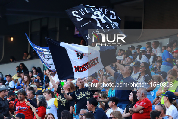 Sultanes de Monterrey fans wave their team flags during the resumption of the 2024 King Series match 3 of the Mexican Baseball League (LMB)...