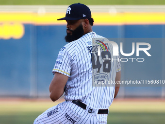 Richard Rodriguez #48 of Sultanes de Monterrey pitches the ball during the Resumption of the 2024 King Series match 3 against Diablos Rojos...