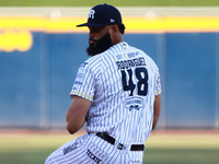 Richard Rodriguez #48 of Sultanes de Monterrey pitches the ball during the Resumption of the 2024 King Series match 3 against Diablos Rojos...