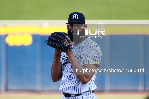 Richard Rodriguez #48 of Sultanes de Monterrey pitches the ball during the Resumption of the 2024 King Series match 3 against Diablos Rojos...