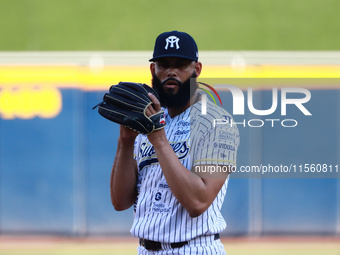 Richard Rodriguez #48 of Sultanes de Monterrey pitches the ball during the Resumption of the 2024 King Series match 3 against Diablos Rojos...