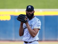 Richard Rodriguez #48 of Sultanes de Monterrey pitches the ball during the Resumption of the 2024 King Series match 3 against Diablos Rojos...