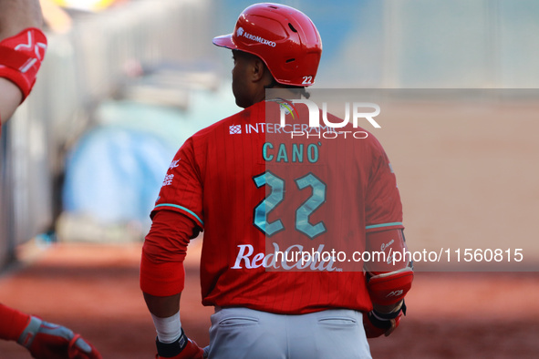 Robinson Cano #22 of Diablos Rojos is at bat during the resumption of the 2024 King Series match 3 against Sultanes de Monterrey of the Mexi...