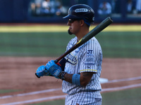 Ramiro Pena #19 of Sultanes de Monterrey bats during the resumption of the 2024 King Series match 3 against Diablos Rojos of the Mexican Bas...