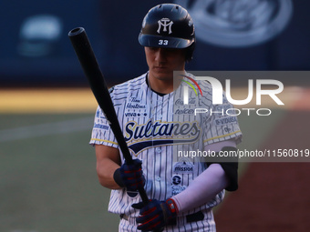 Jose Gonzalez #33 of Sultanes de Monterrey bats during the resumption of the 2024 King Series match 3 against Diablos Rojos of the Mexican B...