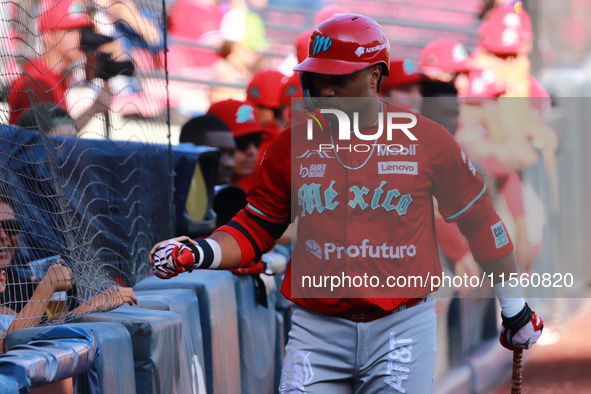 Robinson Cano #22 of Diablos Rojos is at bat during the resumption of the 2024 King Series match 3 against Sultanes de Monterrey of the Mexi...