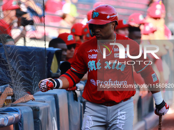 Robinson Cano #22 of Diablos Rojos is at bat during the resumption of the 2024 King Series match 3 against Sultanes de Monterrey of the Mexi...