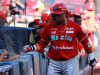 Robinson Cano #22 of Diablos Rojos is at bat during the resumption of the 2024 King Series match 3 against Sultanes de Monterrey of the Mexi...