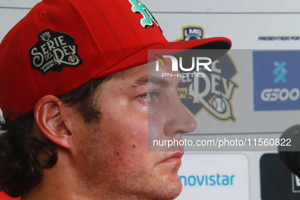 Trevor Bauer #96 of Diablos Rojos speaks during a press conference after the resumption of the 2024 King Series match 3 of the Mexican Baseb...