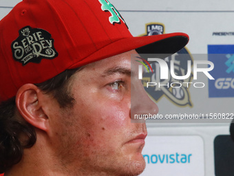 Trevor Bauer #96 of Diablos Rojos speaks during a press conference after the resumption of the 2024 King Series match 3 of the Mexican Baseb...